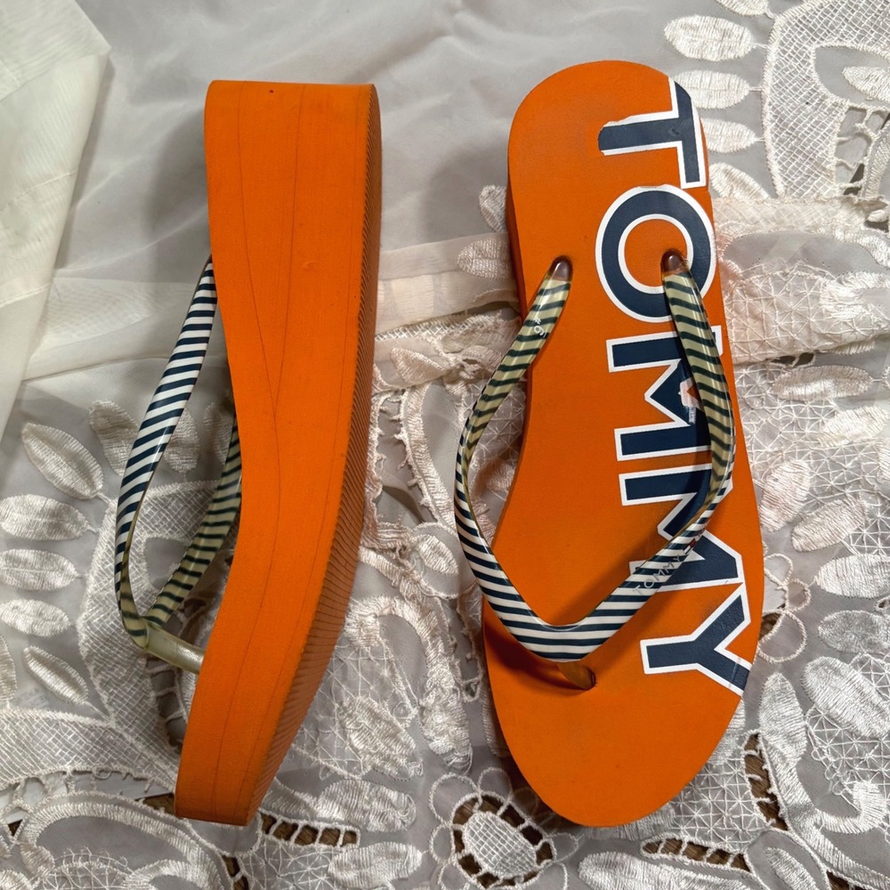 Y2K Wedge Tommy Hilfiger Orange Platform Wedge Flip Flops Striped Straps 9